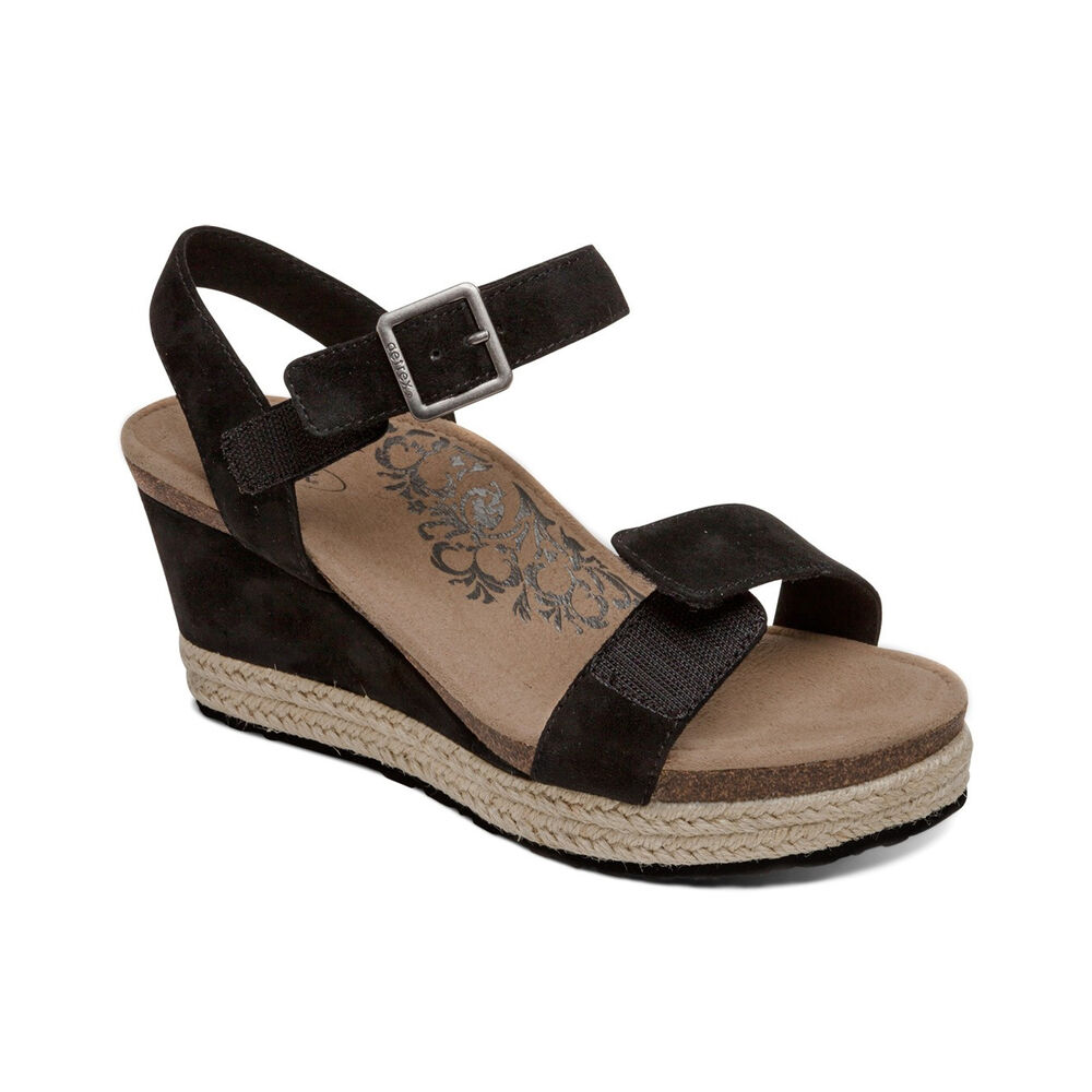 Aetrex Women's Sydney Quarter Strap Espadrille Wedge Sandals - Black | USA MVWGBZE